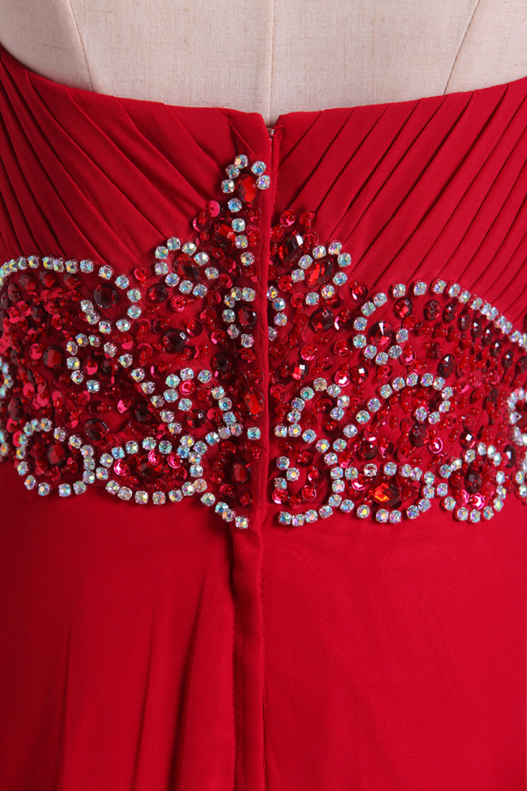 2022 Sweetheart A Line Prom Dresses With Beading Sweep Train Chiffon Burgundy/Maroon