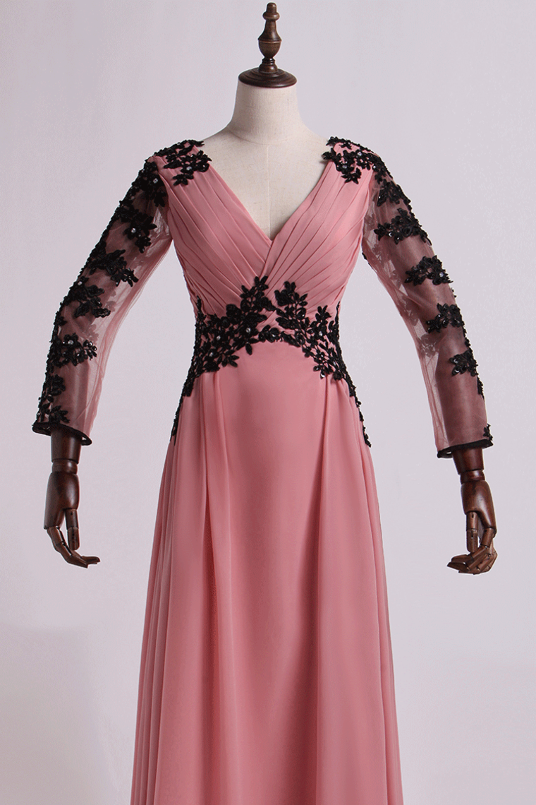 2022 V Neck Prom Dresses A Line Floor Length Chiffon With Applique