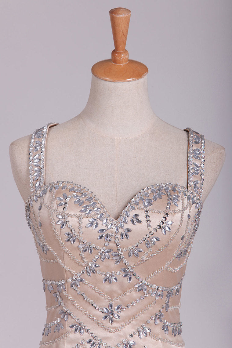 2022  Prom Dresses Spaghetti Straps Open Back Tulle With Beading Floor Length