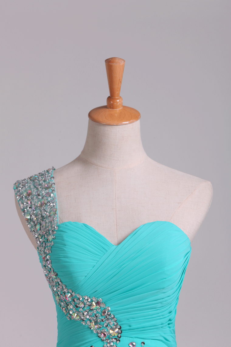 2022 Prom Dress One Shoulder Ruffled Bodice With Rhinestone Beaded Strap