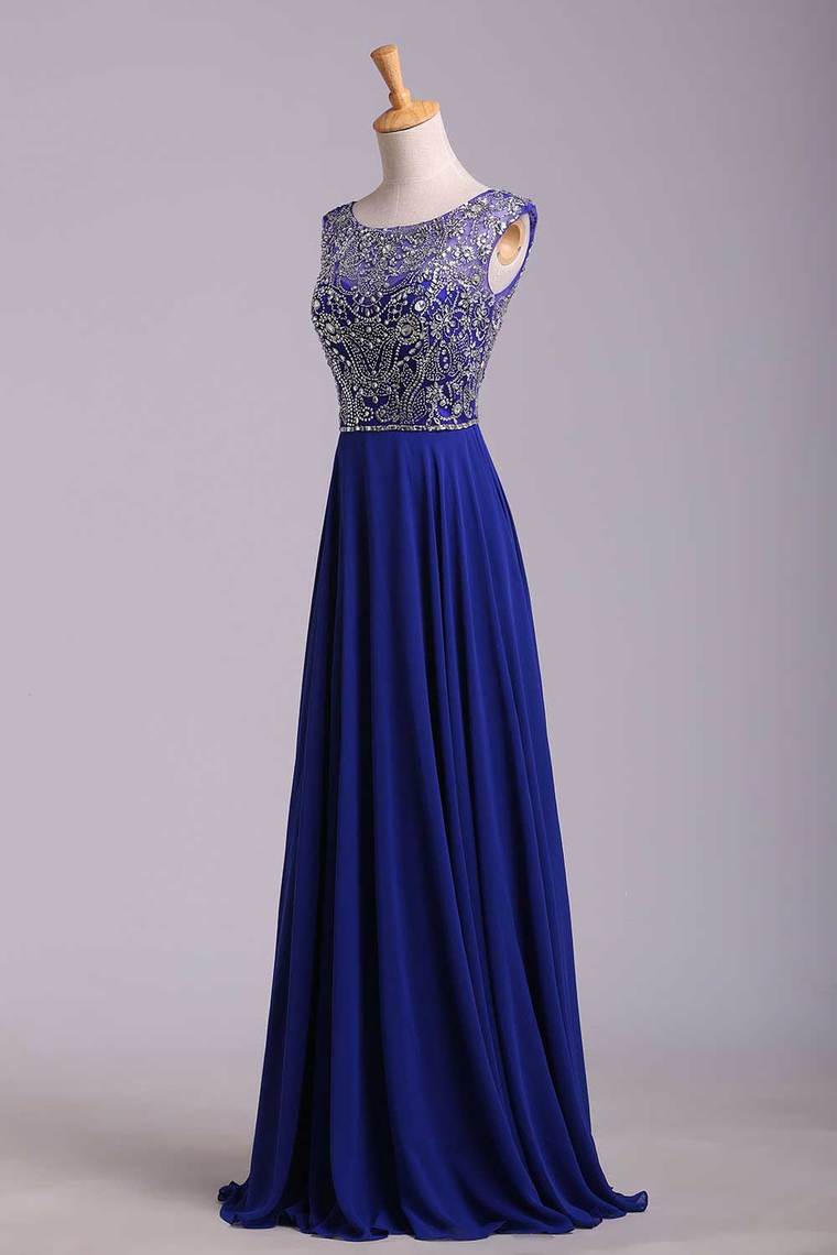 2022 Hot Selling Prom Dresses Dark Royal Blue A-Line Scoop Floor-Length Chiffon