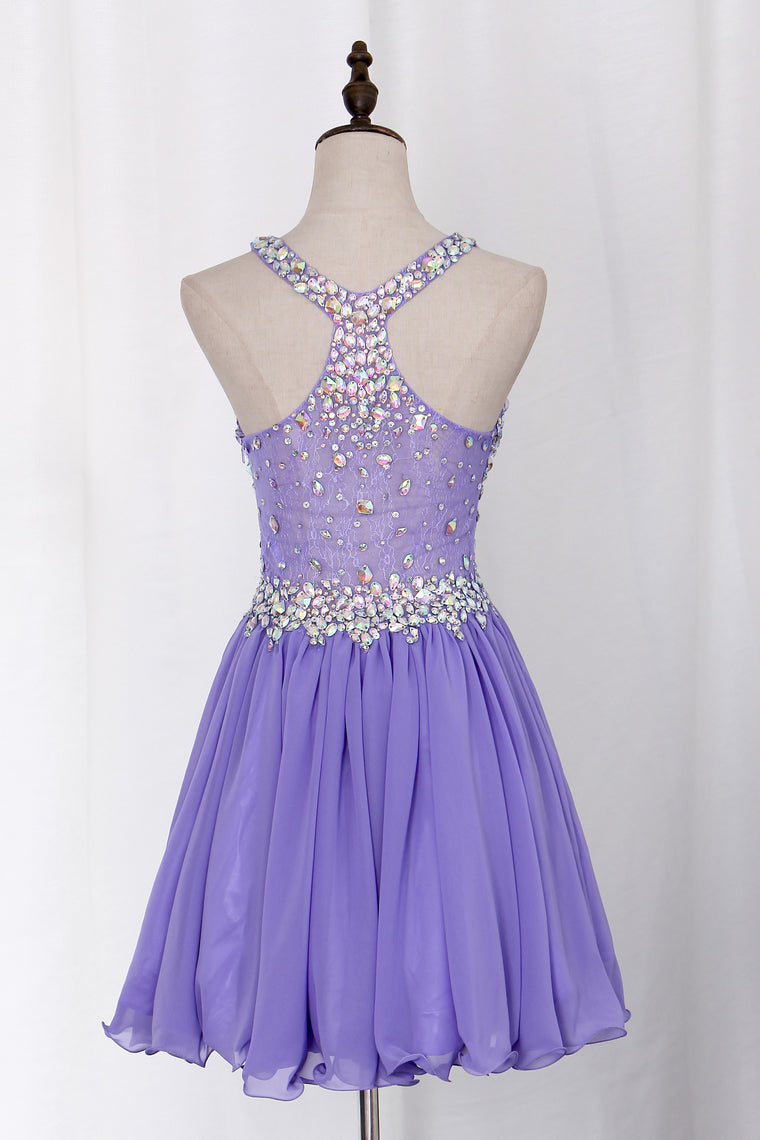 2022 Delicate Short/Mini Halter A Line/Princess Homecoming Dresses Lace&Chiffon Beaded Bodice