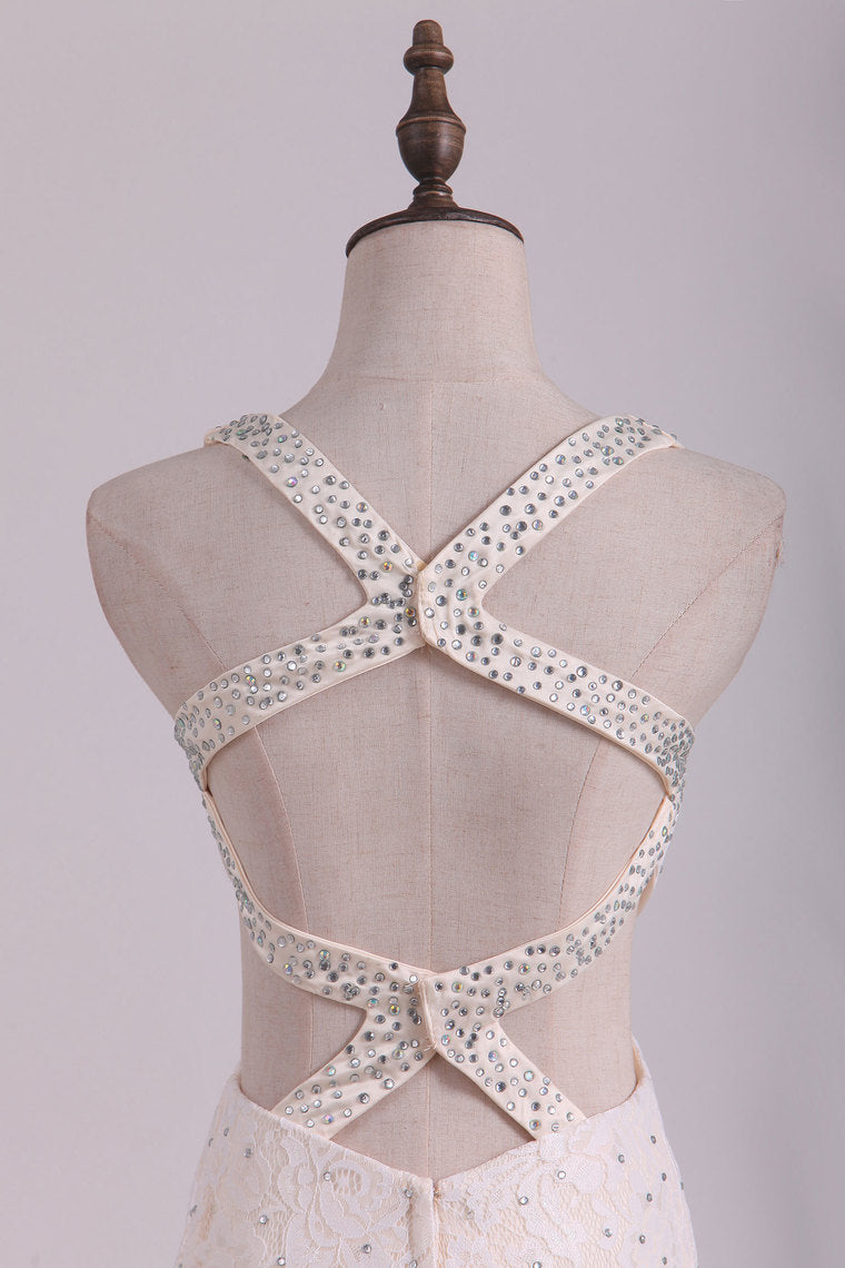 2022 Straps Prom Dresses Mermaid Lace With Beading Sweep Train Open Back