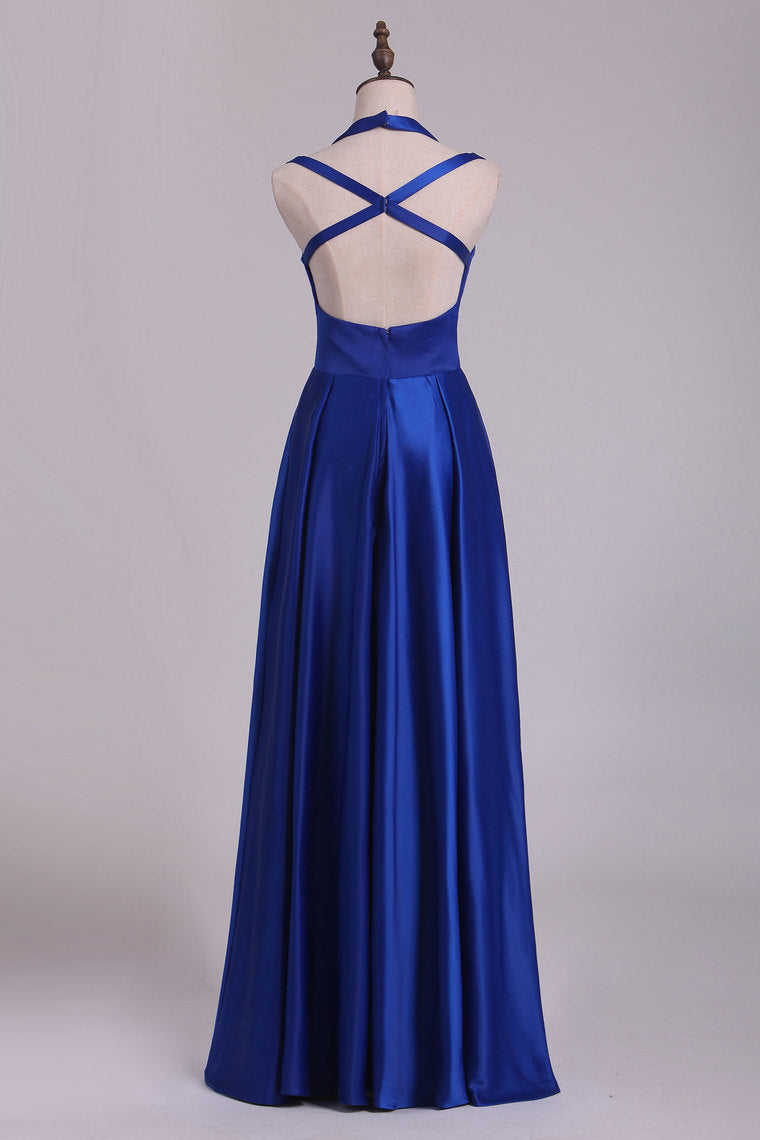 2022 Scoop Prom Dresses A Line Open Back Stretch Satin With Slit Floor Length