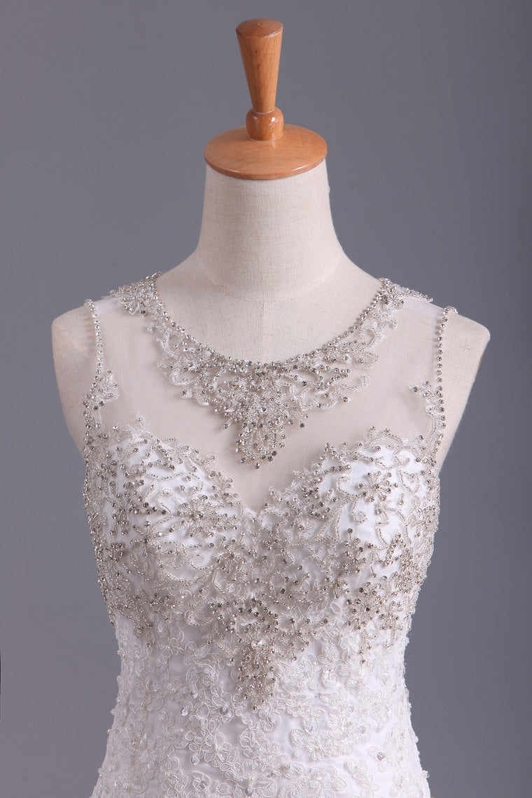 2022 Scoop Wedding Dresses Mermaid/Trumpet Sweep Train Tulle With Applique And Beads