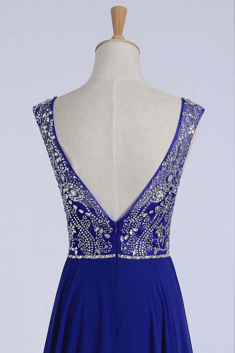 2022 Prom Dresses A-Line Scoop Floor-Length Dark Royal Blue Chiffon Beaded Bodice