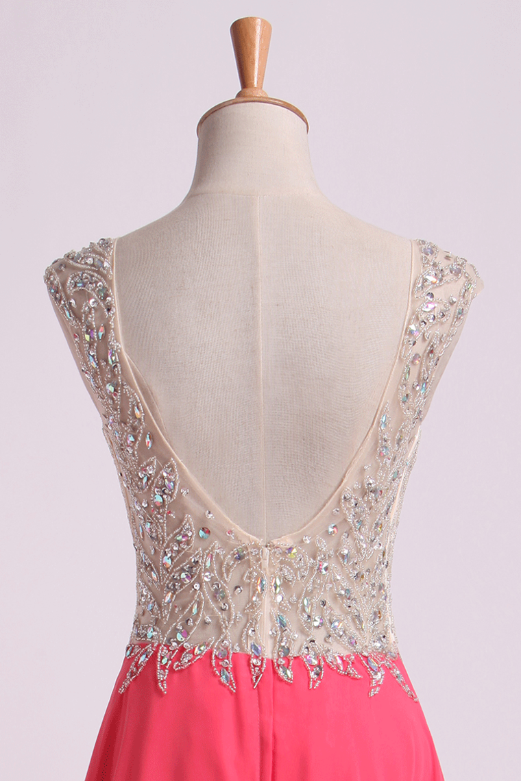 2022 V Neck Beaded Bodice Prom Dresses A Line Sweep Train Chiffon&Tulle