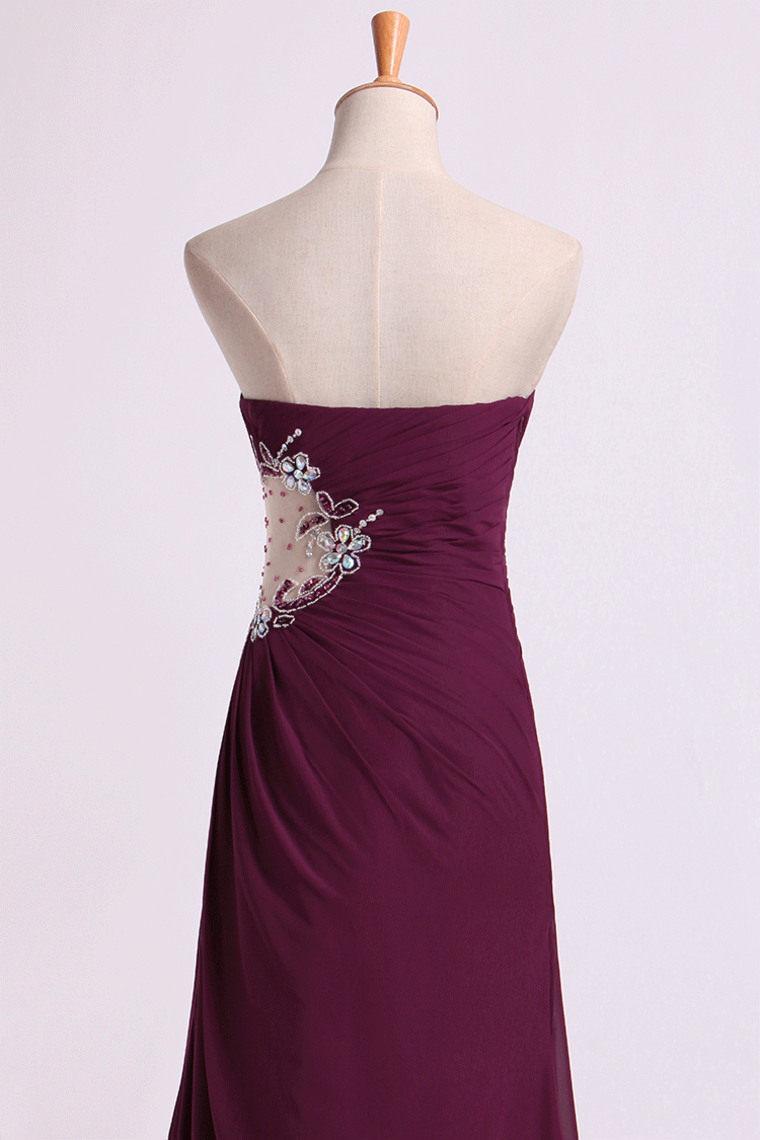 2022 Prom Dresses A Line Ruffled Bodice Beaded With Slit Floor Length