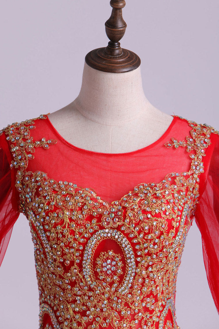 2022 Prom Dresses Long Sleeves Scoop Mermaid Beaded Court Train