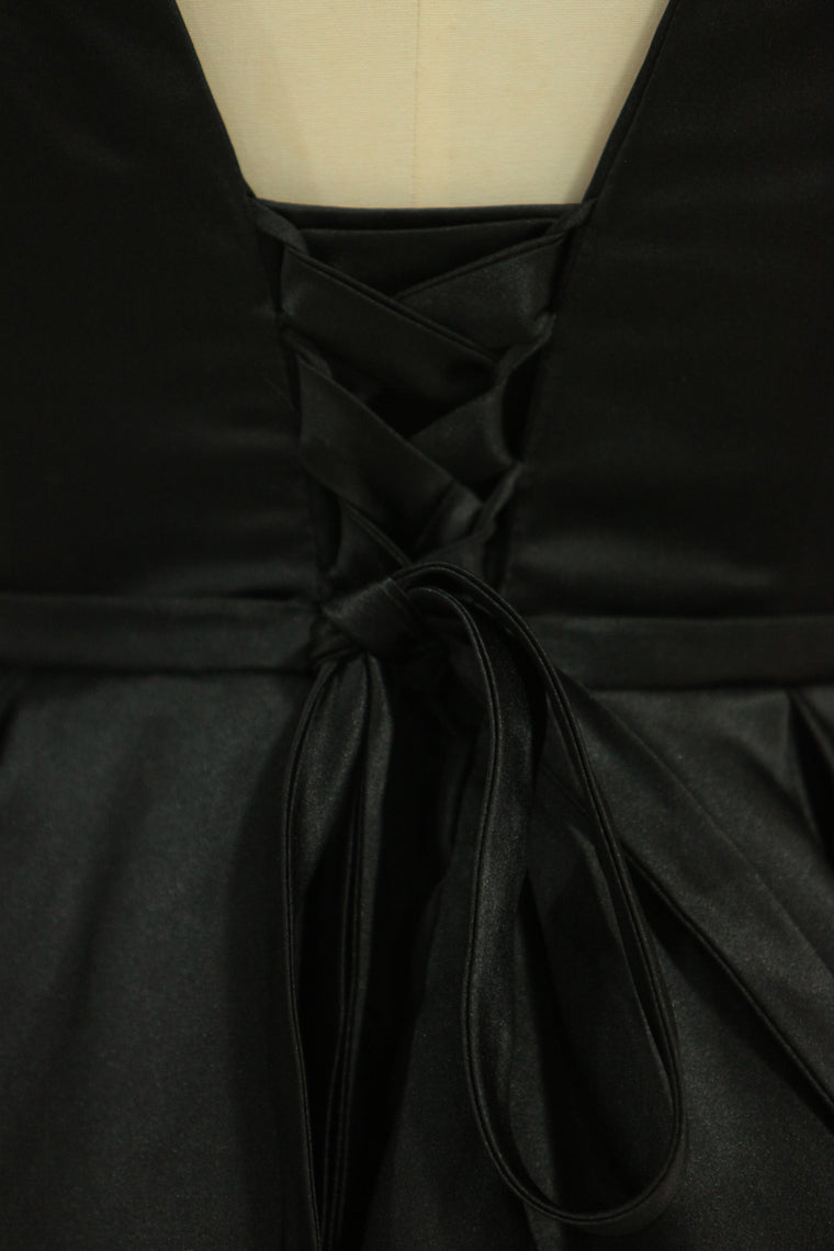 2022 Evening Dress Concise A-Line Floor Length Lace-Up Satin Black Plus Size