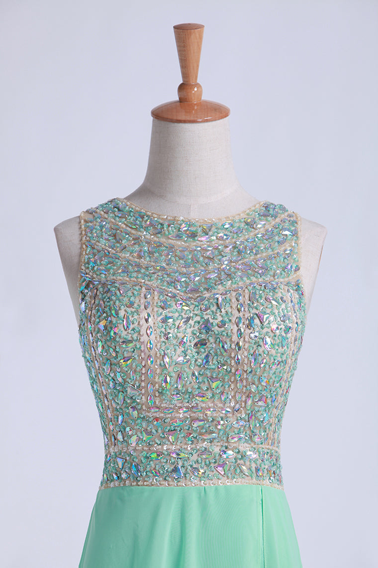 2022 Tow-Tone Bateau Open Back Prom Dresses A-Line Beaded Bodice With Slit Chiffon