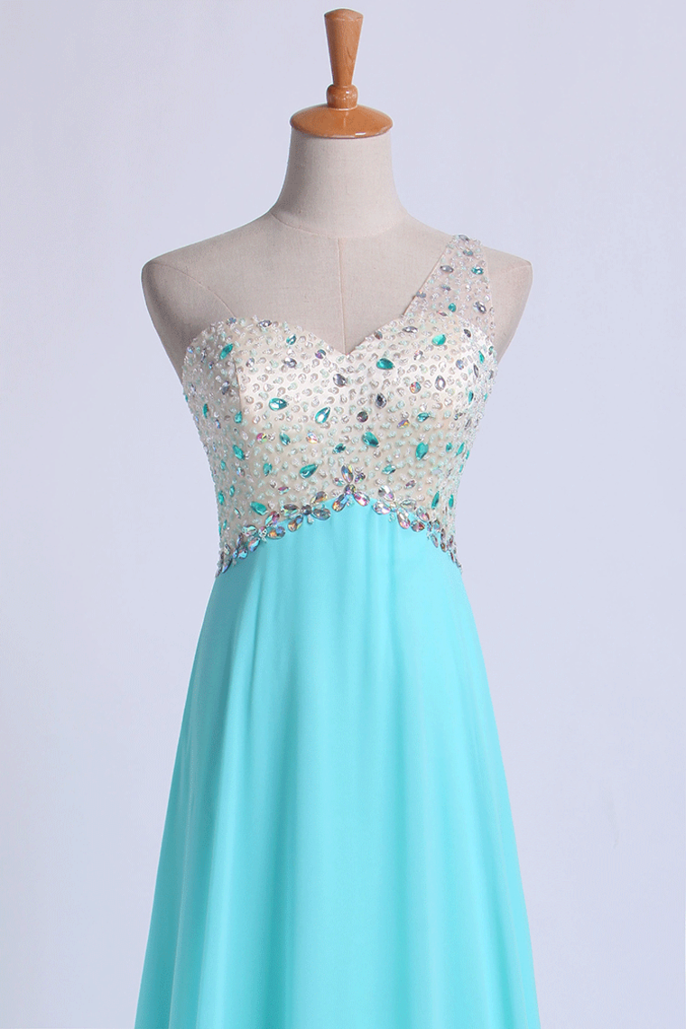 2022 One Shoulder Prom Dresses A Line With Beading Tulle And Chiffon Sweep Train