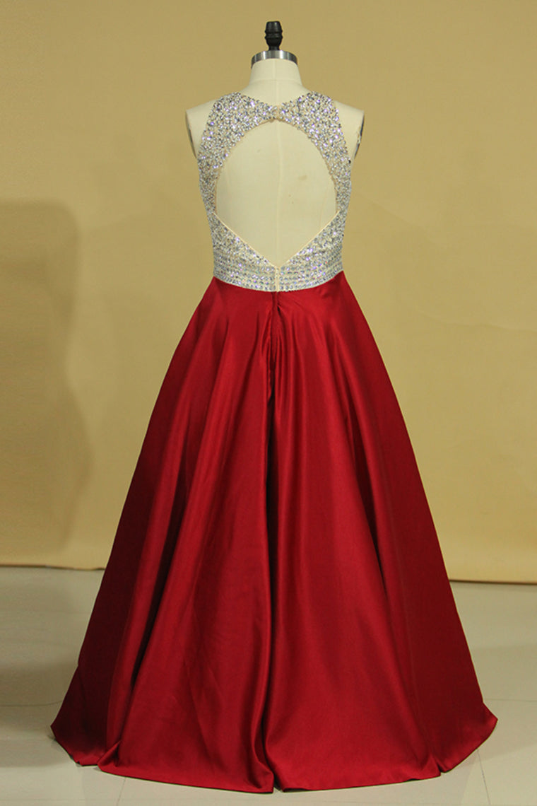 2022 Burgundy Scoop Open Back Beaded Bodice A Line Prom Dresses Satin & Tulle Plus Size