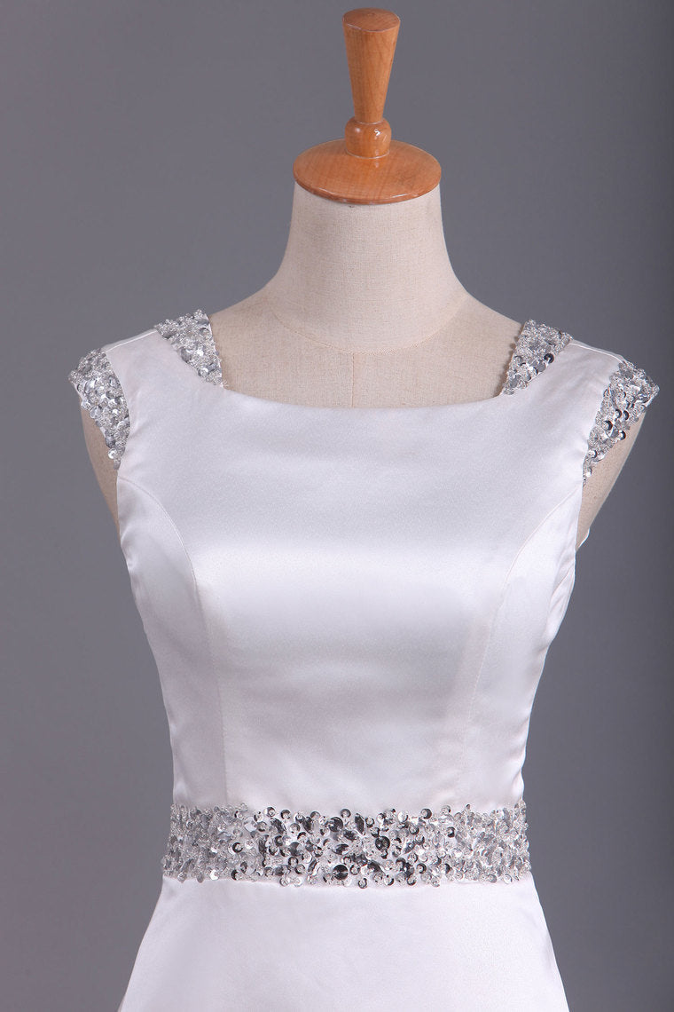 2022 Mermaid Prom Dresses Satin Scoop Beaded Waistband Sweep Train