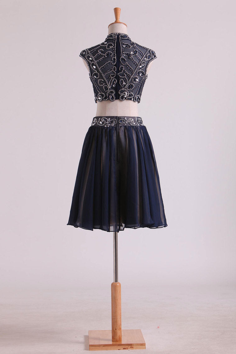 2022 Two-Piece High Neck A Line Short/Mini Homecoming Dresses Tulle & Chiffon