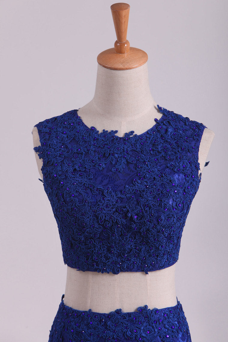 2022 Sheath Open Back Two Pieces Prom Dresses Lace With Applique & Beading Dark Royal Blue