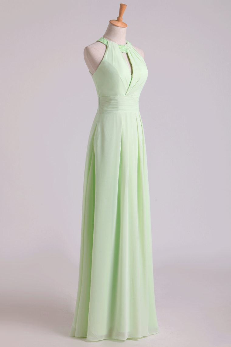 2022 Sexy Scoop A Line Bridesmaid Dresses Chiffon With Beads Sage