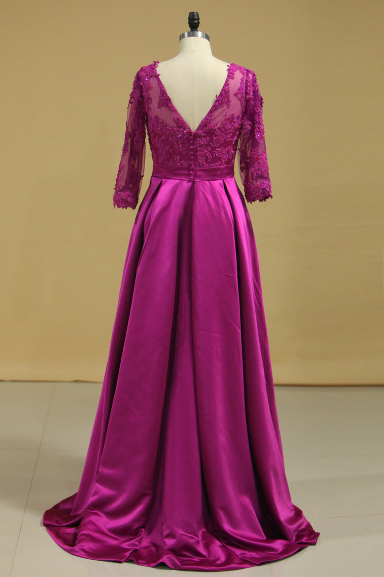 2022 Plus Size V Neck A Line Mother Of The Bride Dresses Satin With Applique & Beads 3/4 Length Sleeves