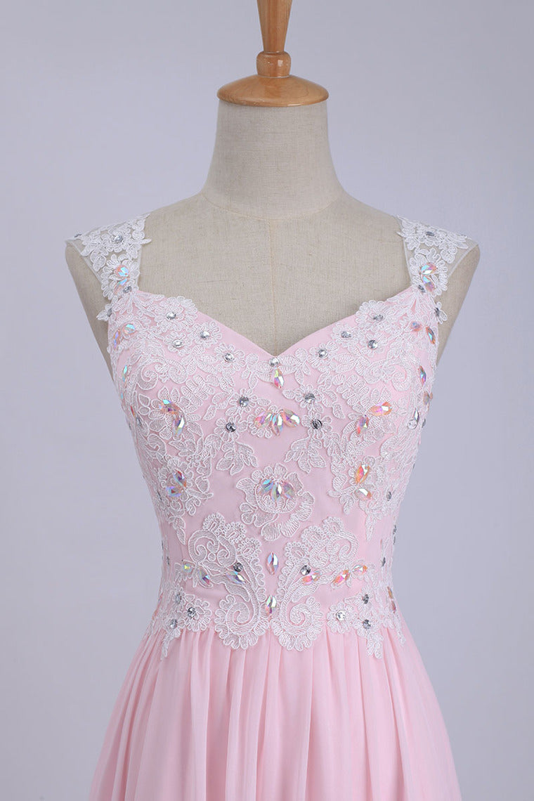 2022 V-Neck A-Line/Princess Prom Dress Tulle&Chiffon With Beads And Applique