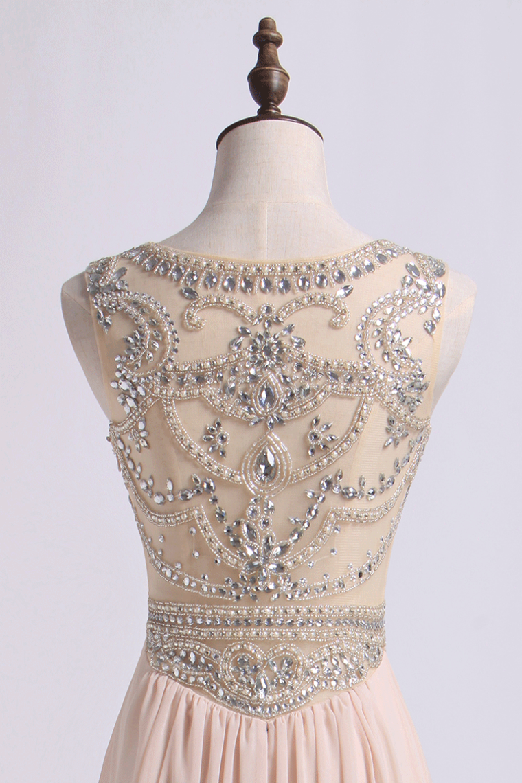 2022 Prom Dress Scoop A Line Beaded Tulle Bodice With Chiffon Skirt