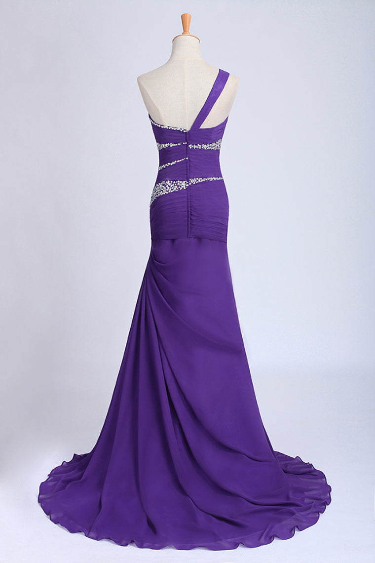 2022 One Shoulder Mermaid Court Train Chiffon Prom Dresses