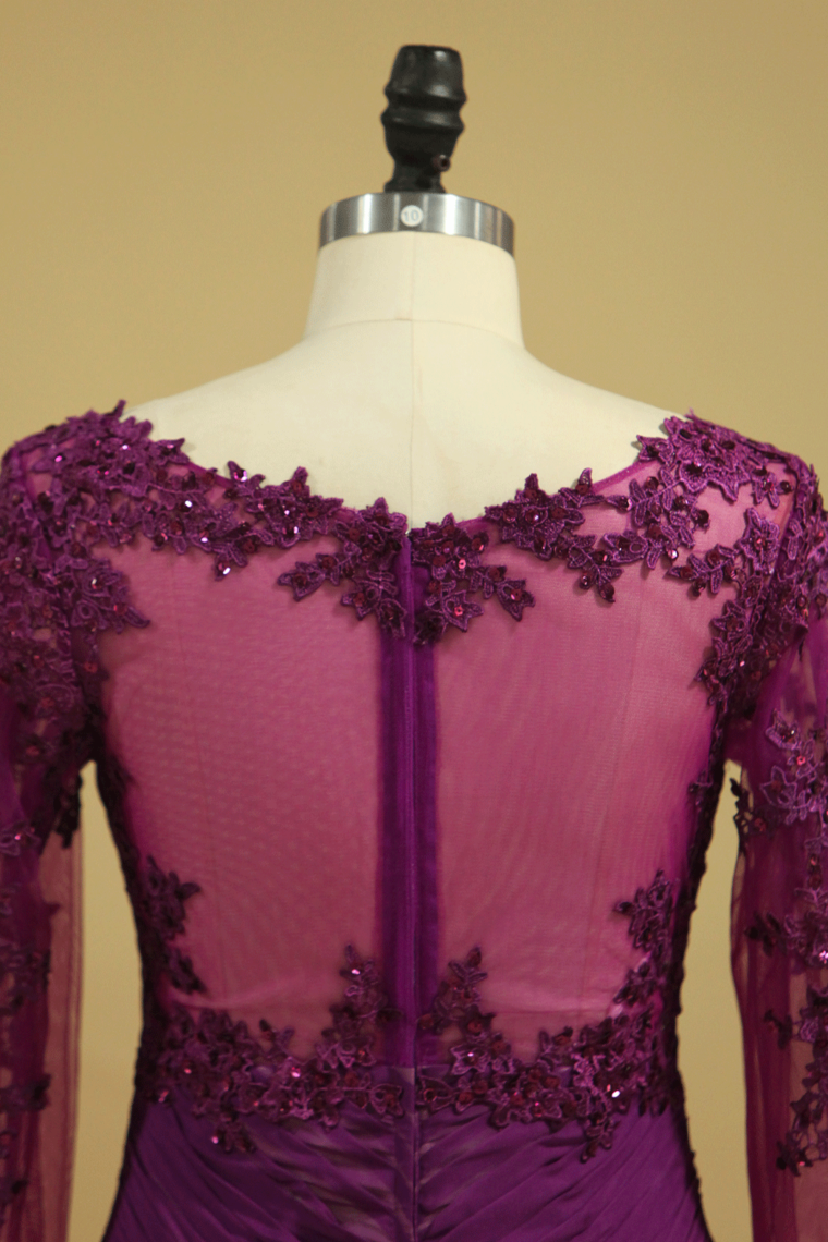 2022 Grape V Neck Long Sleeves Mermaid Evening Dresses Chiffon With Applique And Ruffles