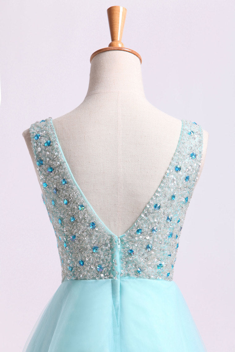 2022 V Neck Homecoming Dresses Beaded Bodice A Line Short/Mini Tulle And Chiffon