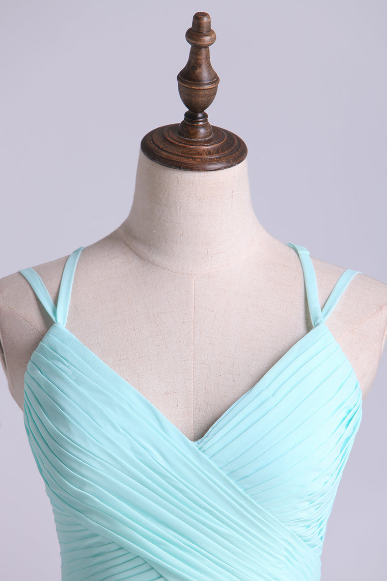 2022 Prom Dress Spaghetti Straps Chiffon A Line Ruffled Bodice With Criss Crossed Back