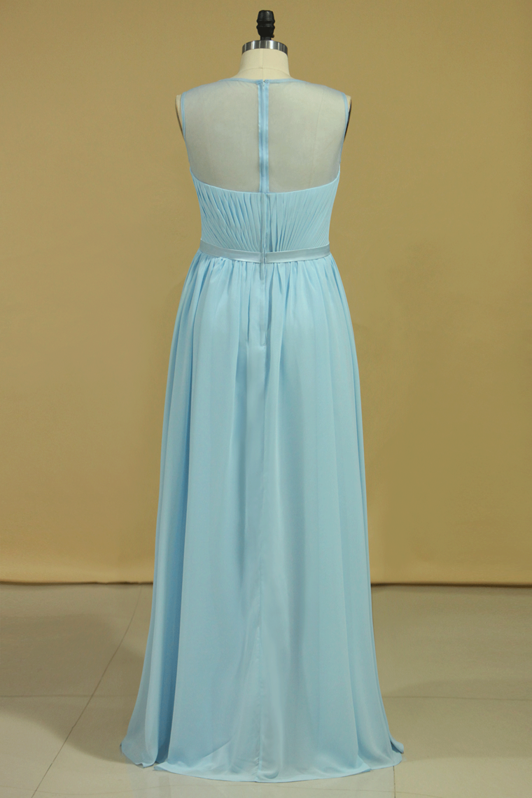 2022 Plus Size Scoop A Line Evening Dresses Chiffon With Ruffles And Sash