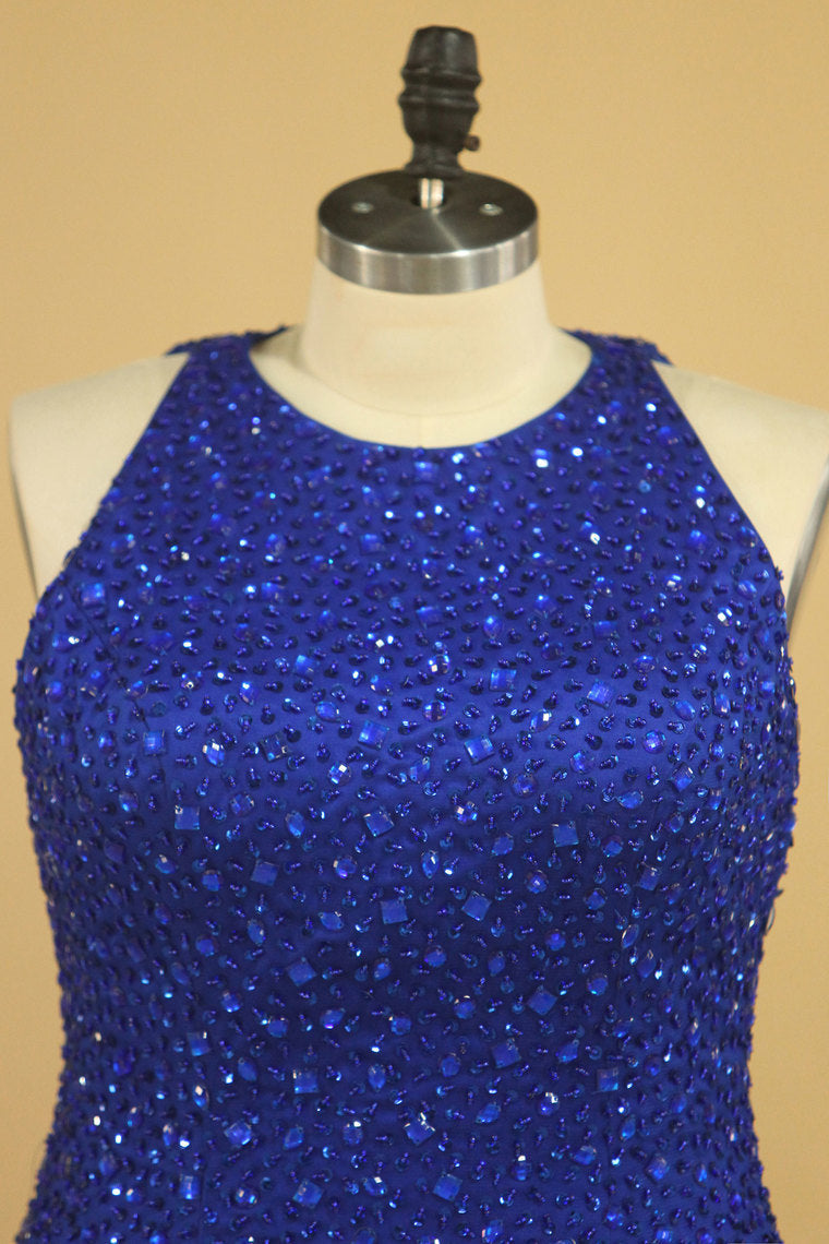 2022 Floor Length Prom Dresses Scoop Beaded Bodice Mermaid Tulle Dark Royal Blue