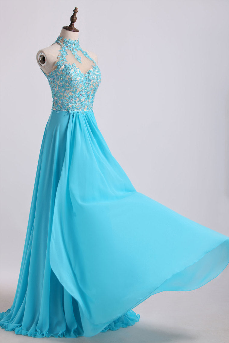 2022 High Neck A Line Prom Dresses With Applique&Beads Chiffon