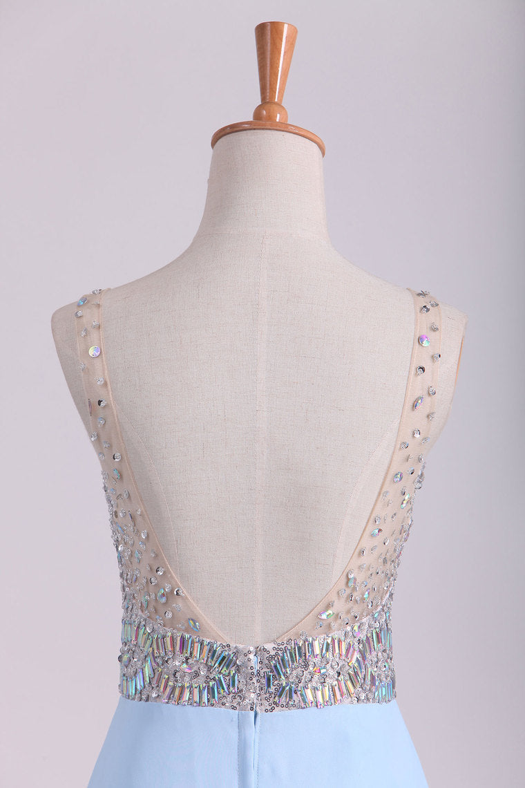 2022 Prom Dresses V Neck Beaded Bodice Sweep Train Chiffon A Line
