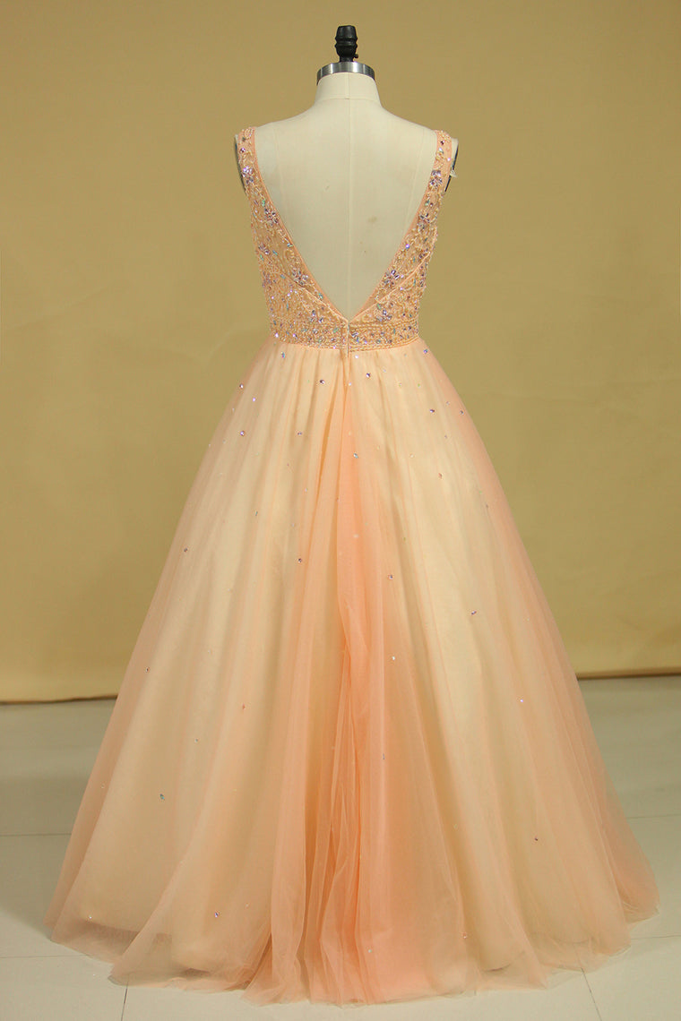2022 V Neck Beaded Bodice Floor Length Ball Gown Tulle Prom Dresses