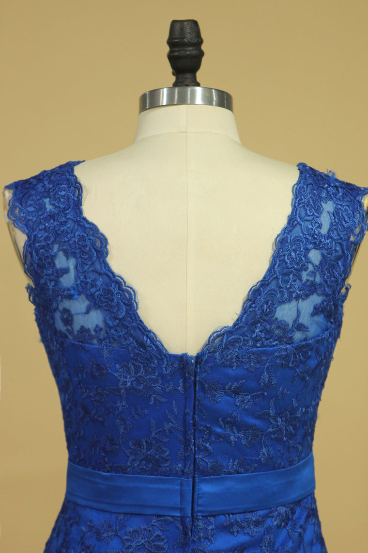 2022 Sheath/Column Evening Dresses Off The Shoulder Lace With Ribbon Dark Royal Blue