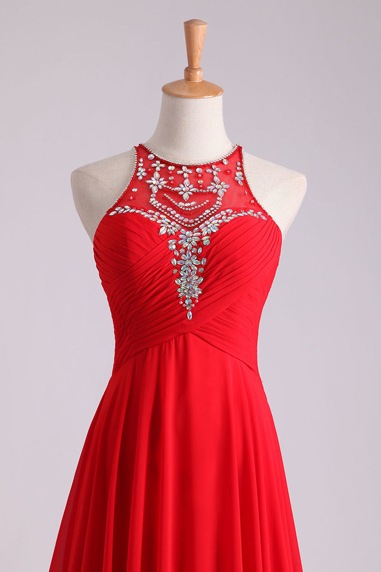 2022 Scoop A-Line/Princess Prom Dresses With Beads And Ruffles Chiffon
