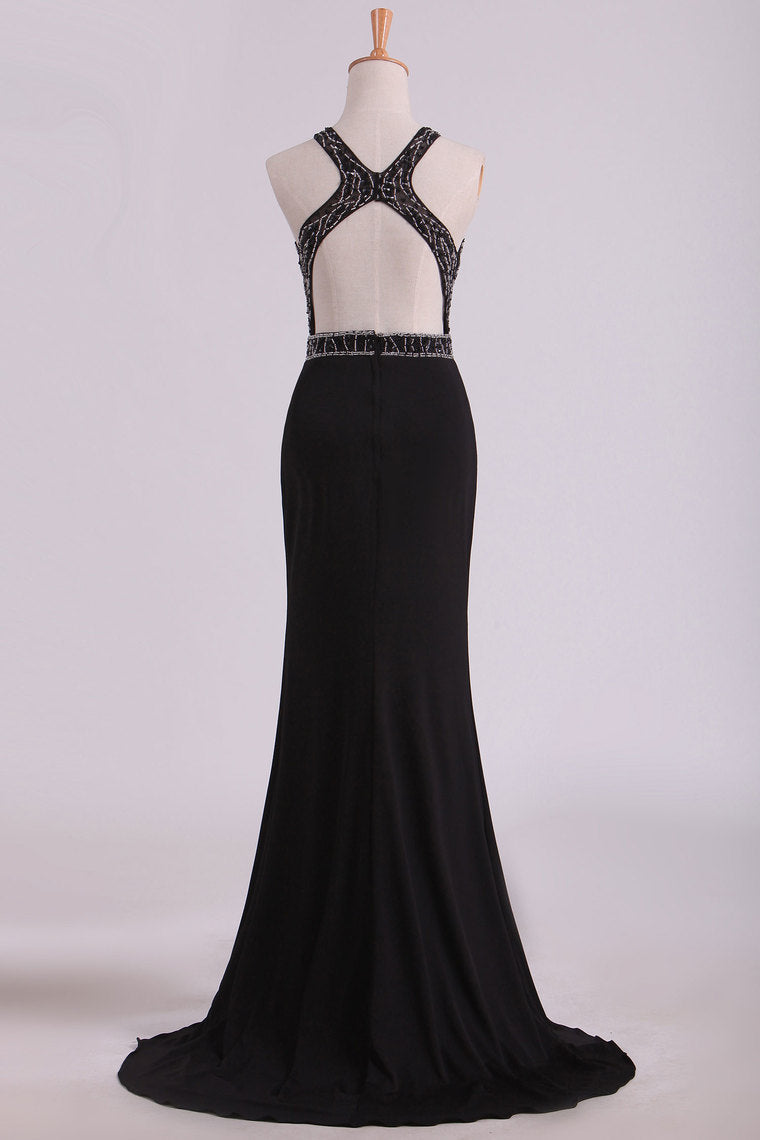 2022 Black Open Back Prom Dresses Scoop Spandex With Beading & Slit Sweep Train