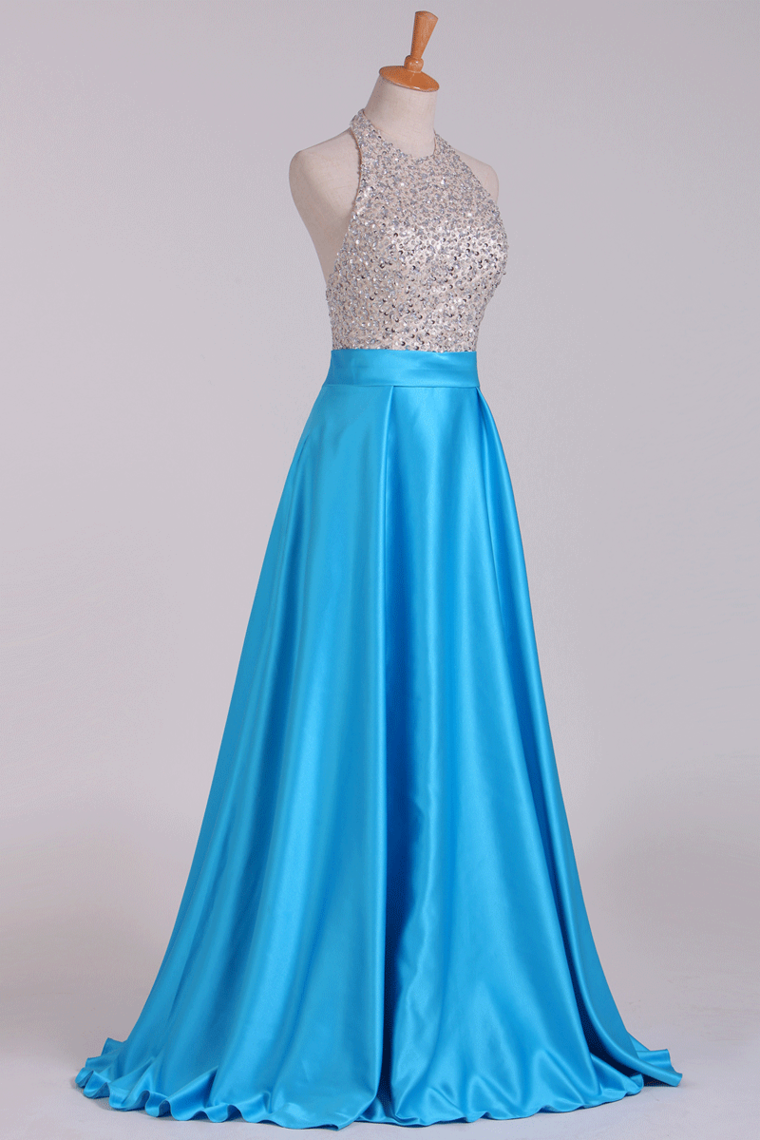 2022 Open Back Halter Beaded Bodice Prom Dresses Satin Floor-Length