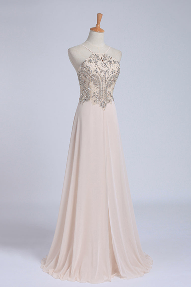 2022 Spaghetti Straps Beaded Bodice A-Line Chiffon Prom Dresses