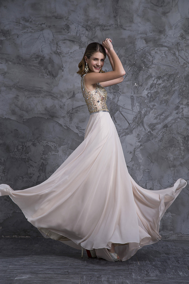 2022 Prom Dresses A-Line Scoop Beaded Bodice Floor-Length Chiffon Zipper Back