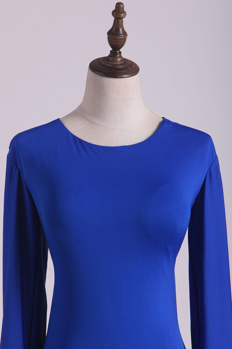 2022 Scoop Prom Dresses Long Sleeves Spandex Open Back Drak Royal Blue
