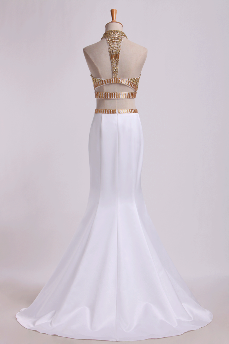 2022 Two Pieces Beaded Bodice High Neck Prom Dresses Trumpet Sweep Train