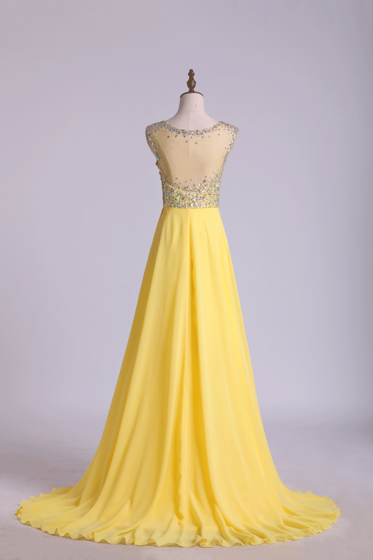 2022 Blusher Prom Dress Scoop Beaded Tulle Bodice Backless Chiffon With Sweep Train