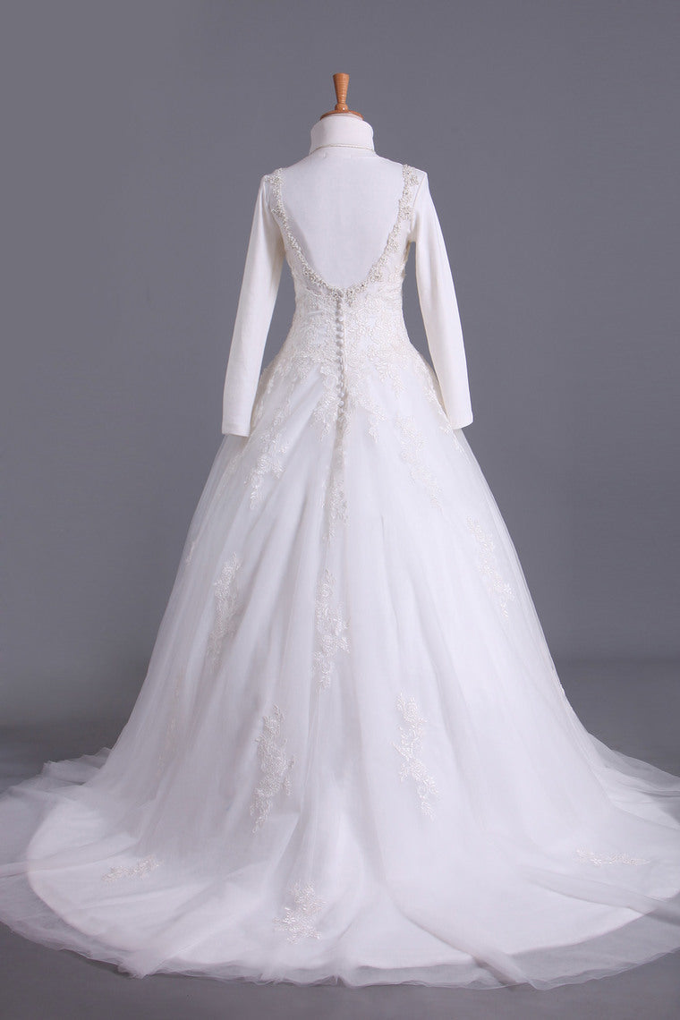 2022 Muslim Wedding Dress Sweetheart A Line Court Train With Applique & Sash Beaded