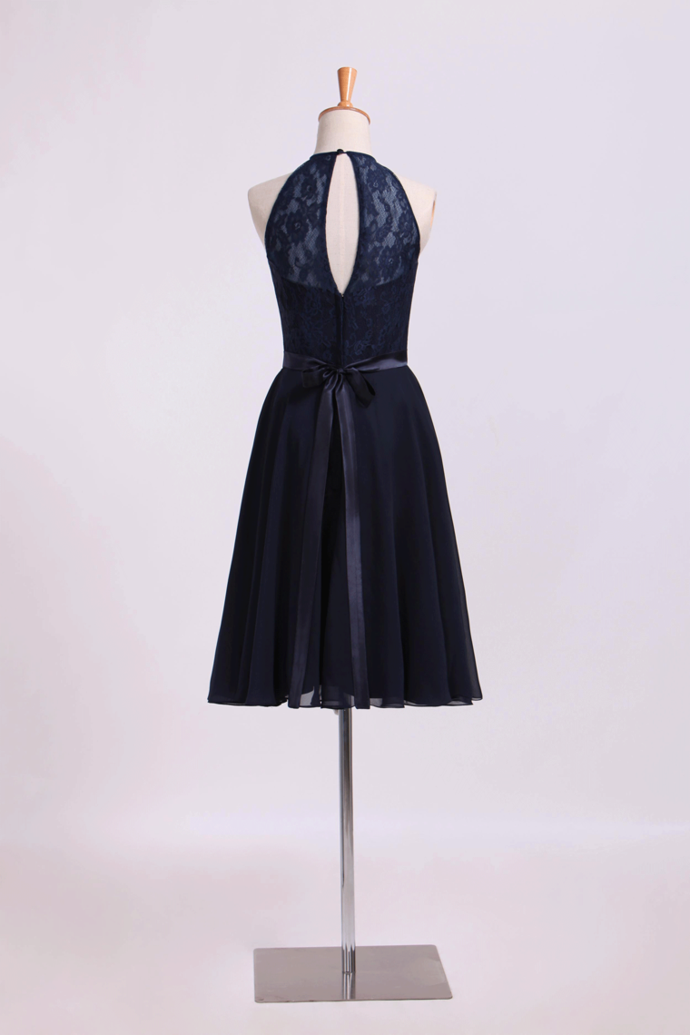 2022 Scoop Neckline Princess Knee Length Chiffon&Lace Dress With Sash