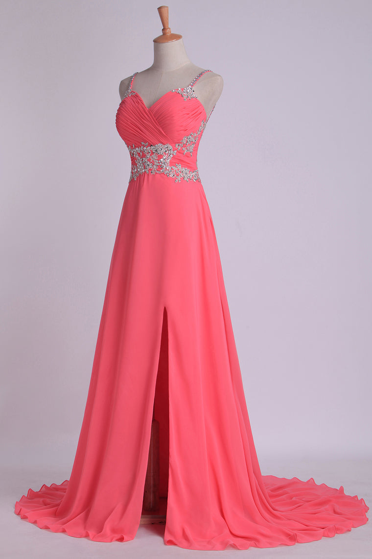 2022 Pleated Bodice Low Back Chiffon Sleeveless A Line Spaghetti Straps Prom Dress