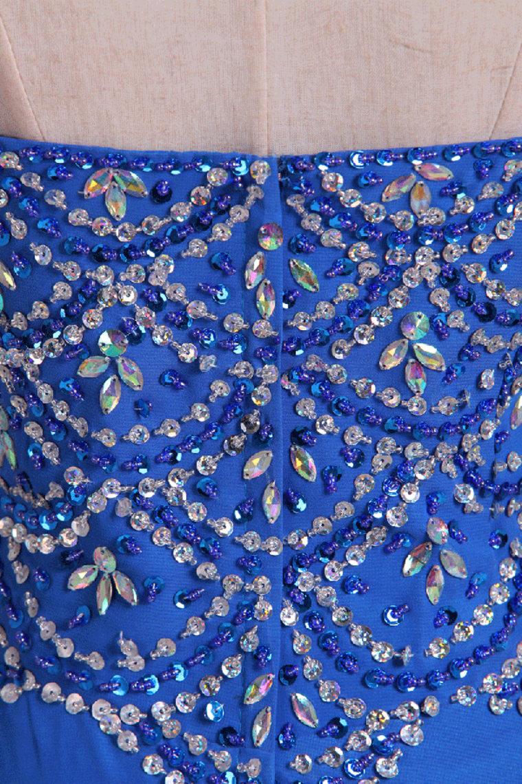 2022 New Arrival Dark Royal Blue Sweetheart Prom Dresses A Line With Beaded Bodice Chiffon
