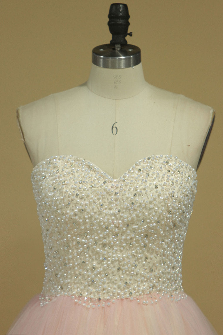 2022 Prom Dresses Sweetheart Beaded Bodice A Line Tulle Sweep Train