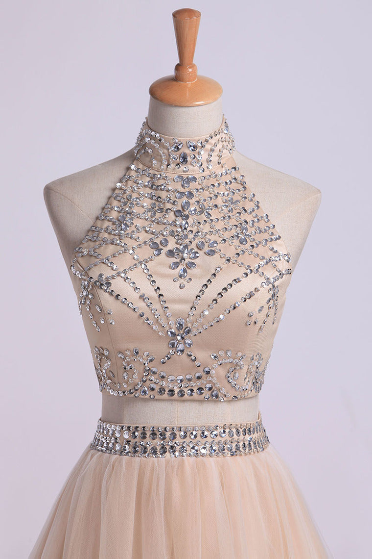 2022 Two-Piece High Neck Prom Dresses A Line Tulle With Beading