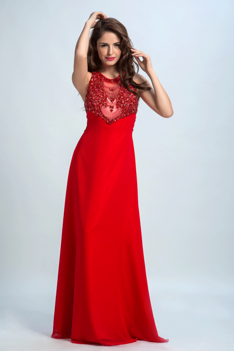 2022 Scoop Prom Dresses A Line Chiffon With Beading Red