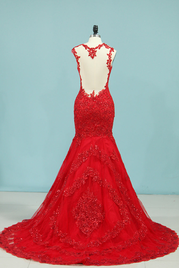 2022 Straps Prom Dresses Mermaid/Trumpet With Applique Tulle Sweep Train